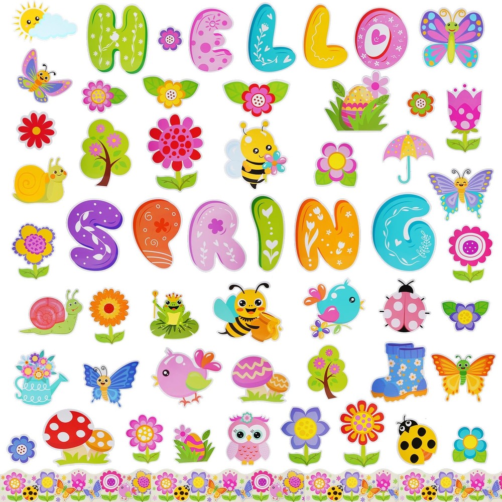 70 PCS Hello Spring Bulletin Board Decorations Floral Plants Paper Cut Outs
