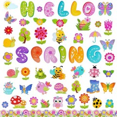 70 PCS Hello Spring Bulletin Board Decorations Floral Plants Paper Cut Outs