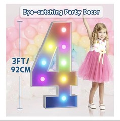 3FT Lighted Marquee Number 4 LED Multicolor Birthday Party Decor w/ Remote