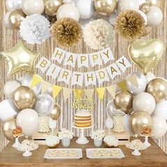 White Gold Birthday Decorations, Beige Gold Party Décor with Foil & Latex Bal…
