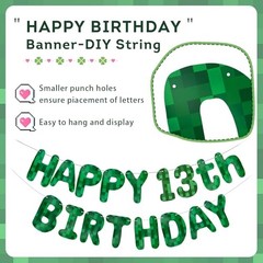 Green Pixel Birthday Banner, Pre-strung Minecraft Party Banner Video Game 13th