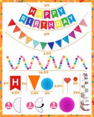 Happy Birthday Party Decorations – Colorful Happy Birthday Banner Swirl Streamer