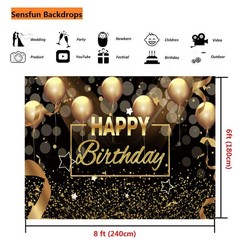 Sensfun Happy Birthday Party Backdrop Banner Black Gold Balloons Glitter Boke…