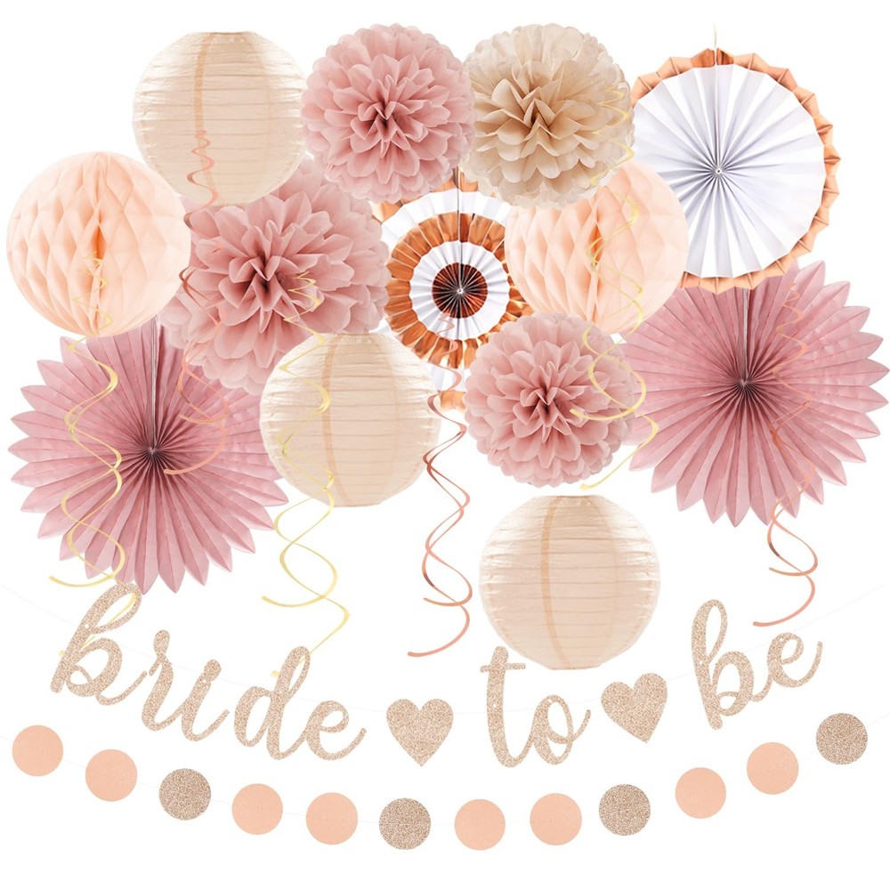 21 Pcs Blush Rose Gold Bridal Shower Decorations Banner Lanterns Pom Poms Set