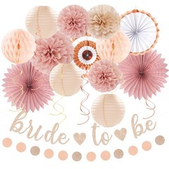 21 Pcs Blush Rose Gold Bridal Shower Decorations Banner Lanterns Pom Poms Set