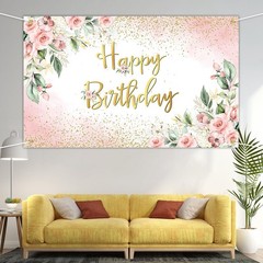 Avezano Rose Gold Birthday Backdrop for Women Pink Floral 6×3.6ft, Pink、Gold