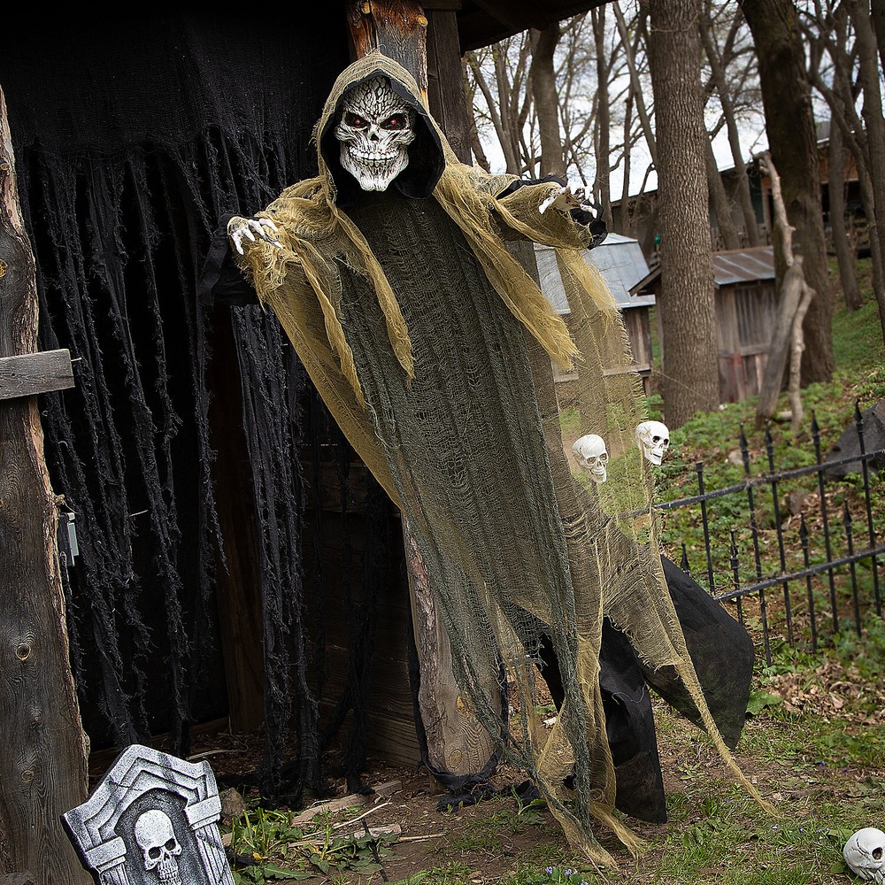 Morris Costumes 6 ft Hanging Animated Reaper with Light-Up Eyes – Gray