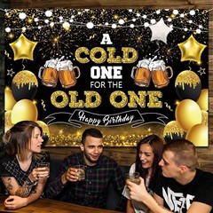 Beer Party Decorations,Black and Gold Happy Birthday Backdrop for Men a Cold One