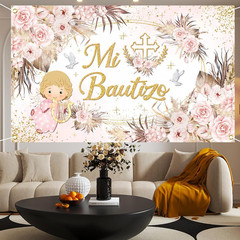 Mocsicka Mi Bautizo Banner Backdrop for Girls First Holy Communion Christening D