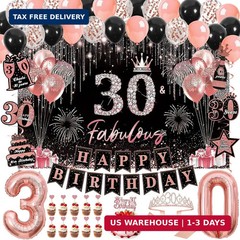 30th Birthday Decorations for Women 50 PCS Rose Gold Black Party Decor Kit