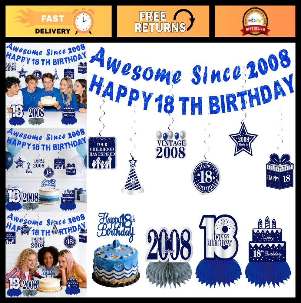 18th Birthday Party Supplies – 12 Pcs Blue & Silver Decorations, Banner, Cake To