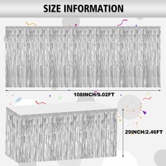 Bouiexye 2 Pack 29.5×108 Inch Silver Foil Tinsel Fringe Table Skirts,