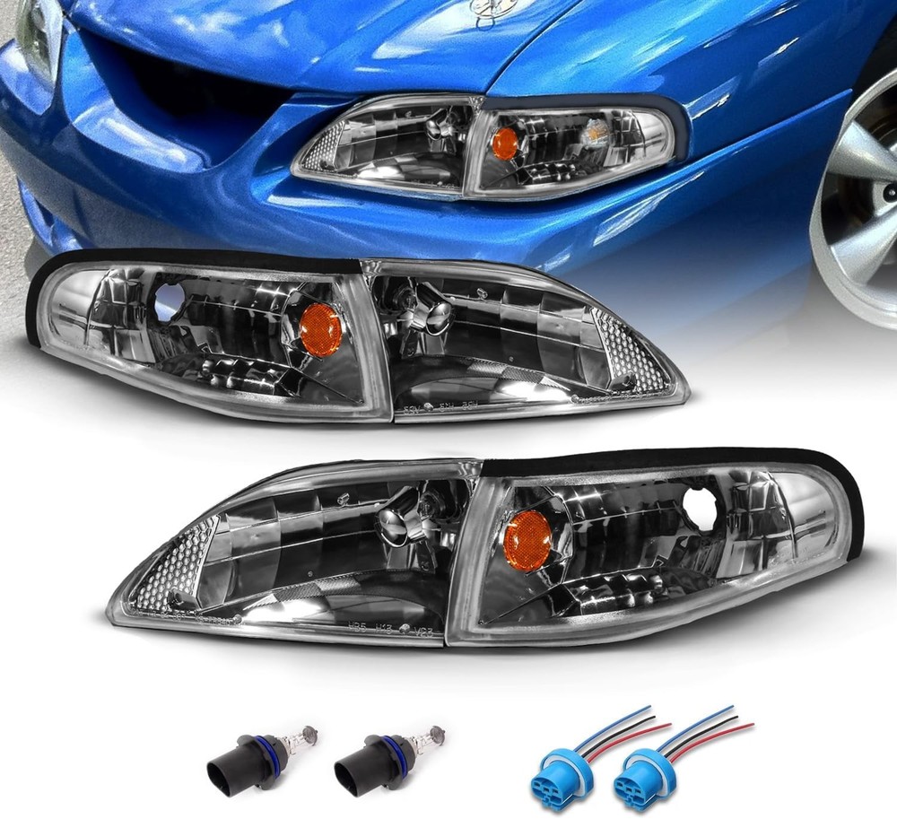 for 1994-1998 Ford Mustang Gun-Metal Replacement Headlights Corner Turn Signal S