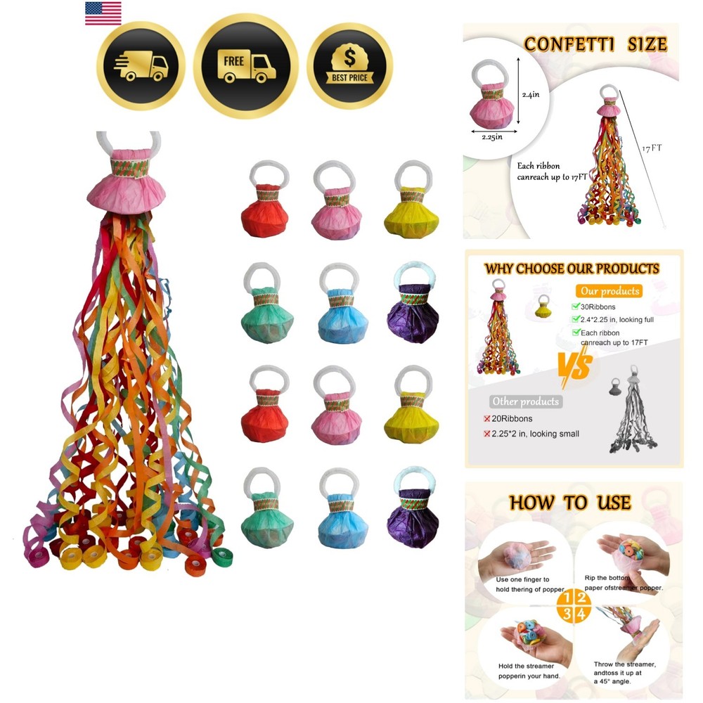 12Pack Hand throw Streamer Poppers 6 Color Mix No Mess Confetti Poppers，Party…
