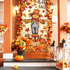 Fall Door Banner Cover Scarecrow Pumpkin Leaves Hanging