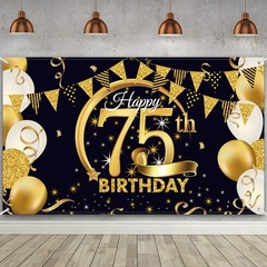75th Birthday Party Backdrop Black Gold Fabric Photo Booth Banner 72×43