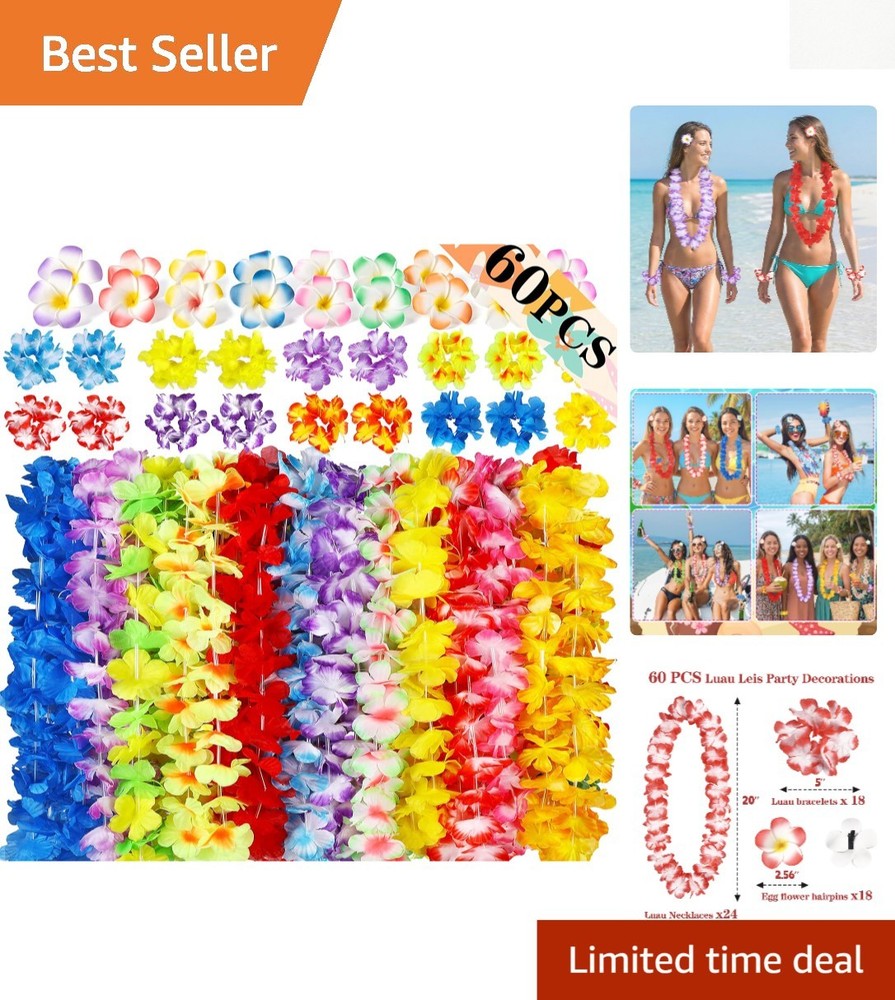 Bulk 60PCS Tropical Leis: Includes Necklaces, Bracelets & Clips for Luau Fun