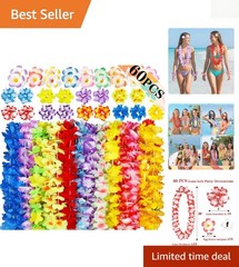 Bulk 60PCS Tropical Leis: Includes Necklaces, Bracelets & Clips for Luau Fun