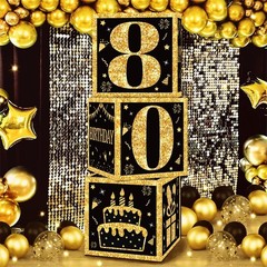 80th Birthday Decorations Boxes for Men- 3pcs Black Gold Happy 80th Birthday …