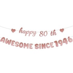 Rose Gold Birthday Decorations for Women – Glittery Happy Birthday Banner, 80th
