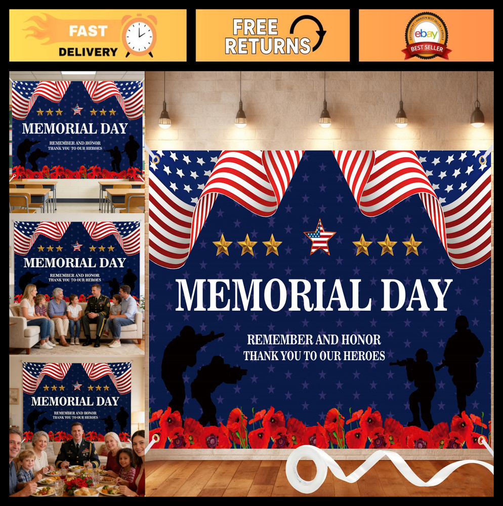 Patriotic Memorial Day Banner 7x5FT – Polyester Backdrop with Grommets for Party