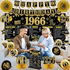 60Th Birthday Decorations Kit for Men Women, Black Gold 24PCS Back in 1966 Banne