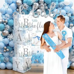 4 Pcs Winter Snowflake Blue Baby Shower Decoration Boxes with Snowflake Theme