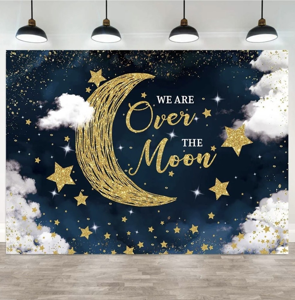 7×5ft We are Over The Moon Baby Shower Backdrop Moon and Stars Starry Night…