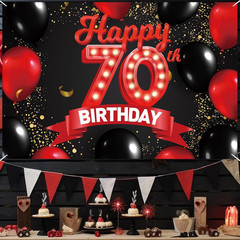 Happy 70Th Birthday Red and Black Banner Backdrop Decorations Balloons Theme Dec