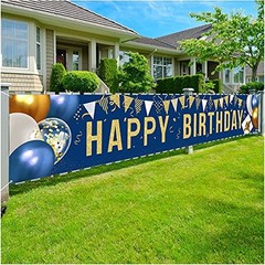 Happy Birthday Yard Sign Banner – Large 118″ x 19.7″ Navy Blue and Gold