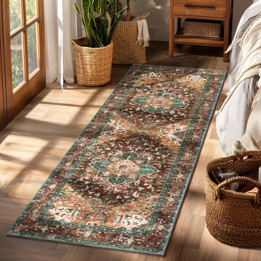 Yamaziot Washable Runner Rug, 2×6 Non-Slip Boho 2′ x 6′, Rust/Dull Teal