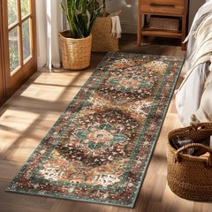 Yamaziot Washable Runner Rug, 2×6 Non-Slip Boho 2′ x 6′, Rust/Dull Teal
