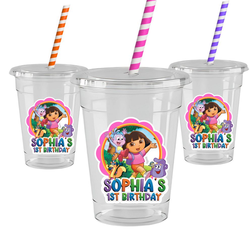 Dora Explorer –Inspired 16 oz Party Cups with Lids & Paper Straws – Set of 12