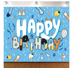 Kids Happy Birthday Party Backdrop Banner Dog Theme Blue White Cartoon
