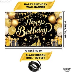 KatchOn, Black and Gold Happy Birthday Banner – XtraLarge 72×44 Inch | Birthd…