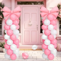 2 Sets Pink White Bow Balloon Column Stand Kit Includes 2 Bows & 100 Latex Ba…