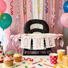 Pink and White Bow ONE High Chair Banner for Girl 1 inch x 1 inch,