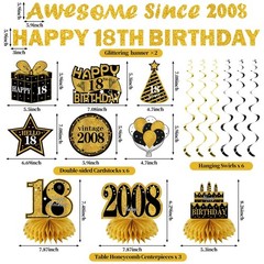18th Birthday Decorations Kit – 11 Pcs Black Gold Banner, Centerpieces & Swirls