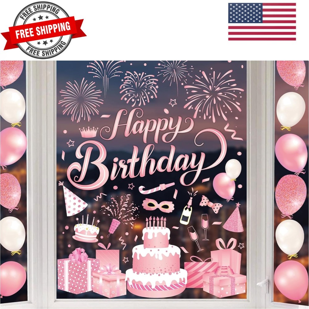 6 Sheet Happy Birthday Window Clings Pink Birthday Cake Balloon Firework Reus…