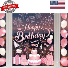 6 Sheet Happy Birthday Window Clings Pink Birthday Cake Balloon Firework Reus…