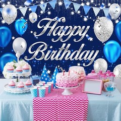 Happy Birthday Banner – Birthday Decorations for Men Women Boys Girls Blue Sl…