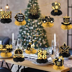 New Year Table Decorations 2026,12pcs Happy Honeycomb Gold