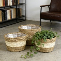 3 Piece Lined Wicker Plant Basket Set 18 22 25 cm Natural Seagrass Decor