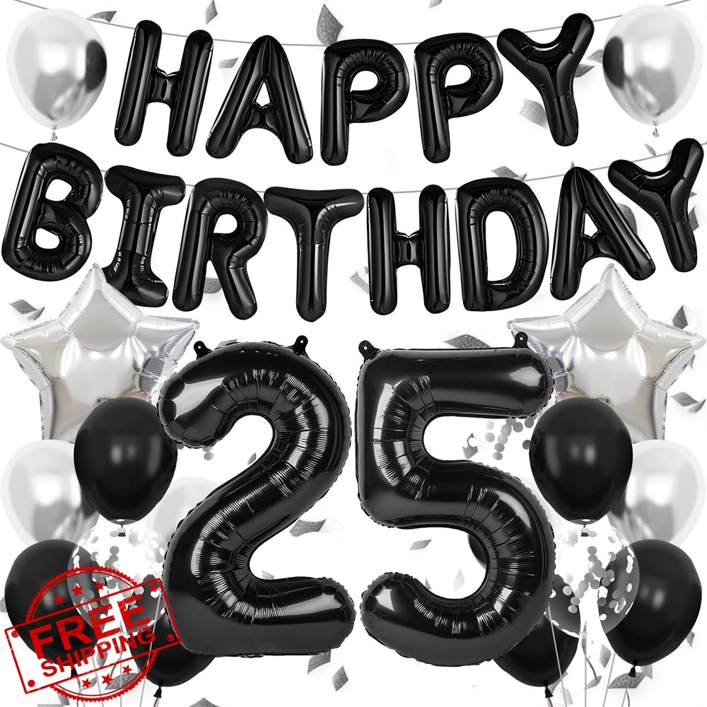 Black Silver 25th Birthday Decorations Balloon Banner Confetti Stars