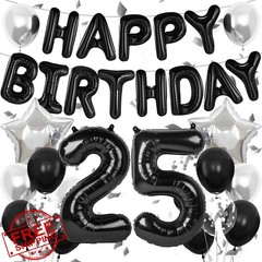 Black Silver 25th Birthday Decorations Balloon Banner Confetti Stars