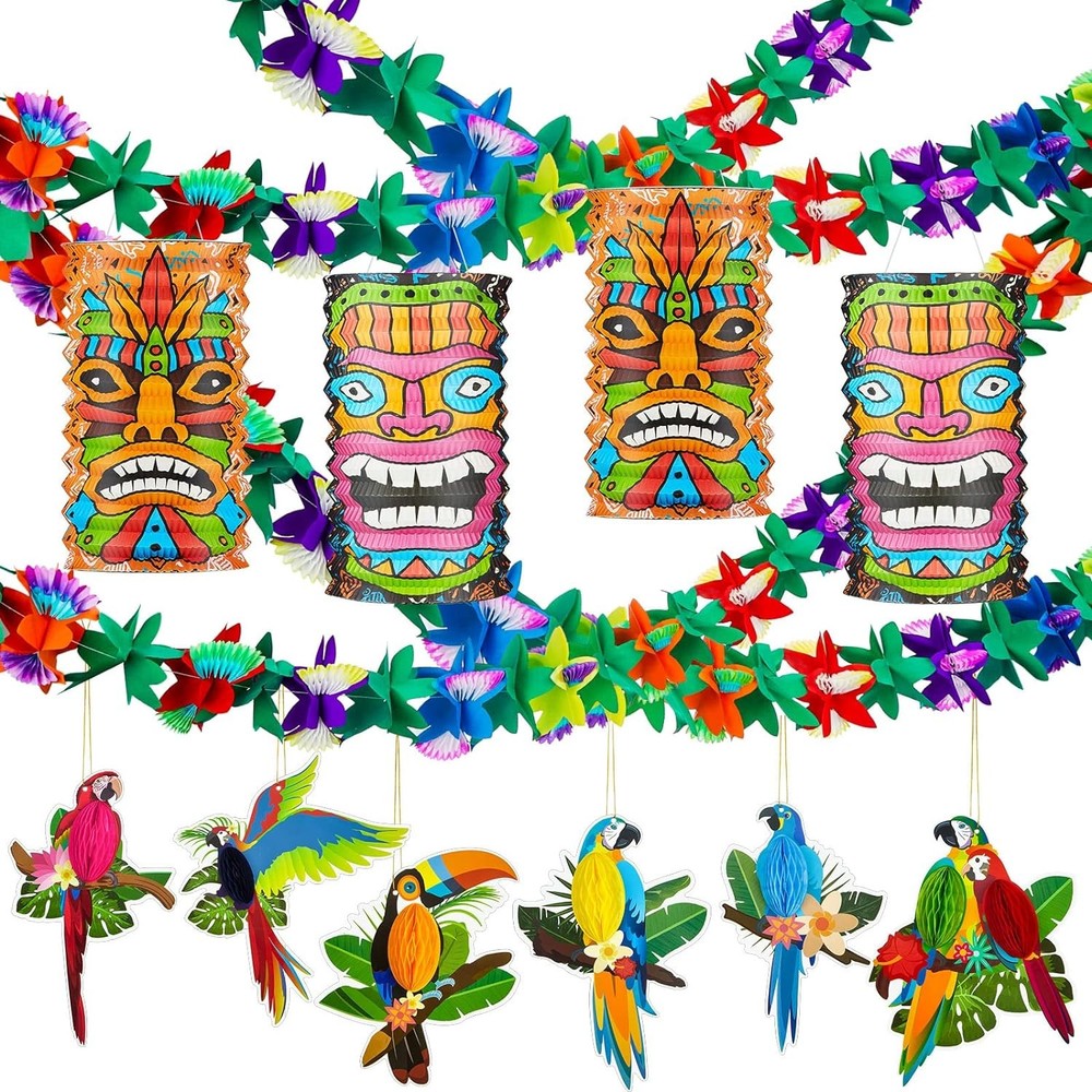 12 Piece Luau Party Decor Set 9.8 ft Hawaiian Tropical Hibiscus Garland Party De