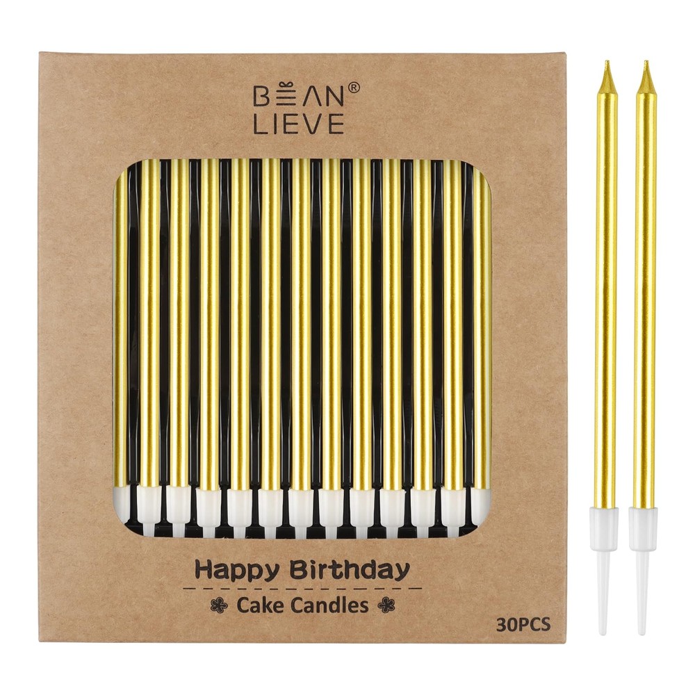 BEAN LIEVE 30-Count Gold Long Thin Metallic Birthday Candles, Cake