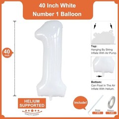 2Pcs One Balloon Set, 40inch Large Nylon Number 1 Balloon and 26inch White