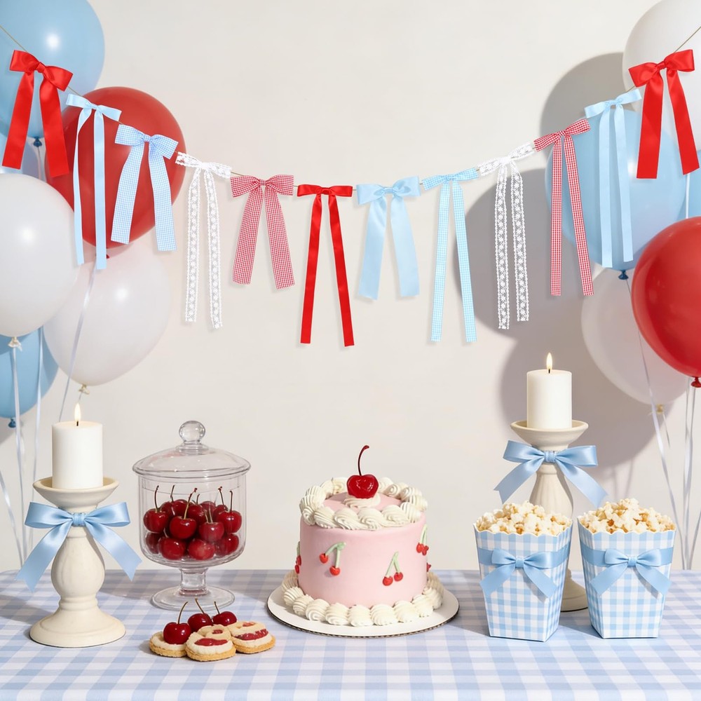 Cherry Blue Gingham Bow Garland, White Lace and Red Blue Gingham Bow Garland Ri