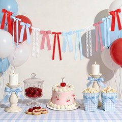 Cherry Blue Gingham Bow Garland, White Lace and Red Blue Gingham Bow Garland Ri